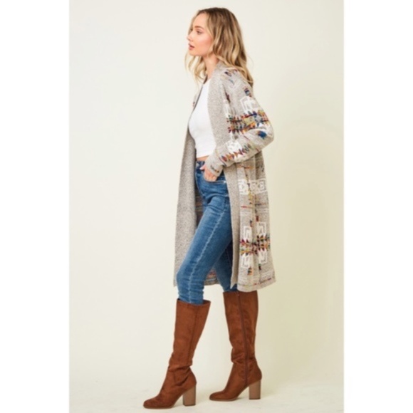 SOLD OUT Oatmeal Rainbow Multi Colored Aztec Tribal Jacquard Open Knit Cardigan - Picture 10 of 10